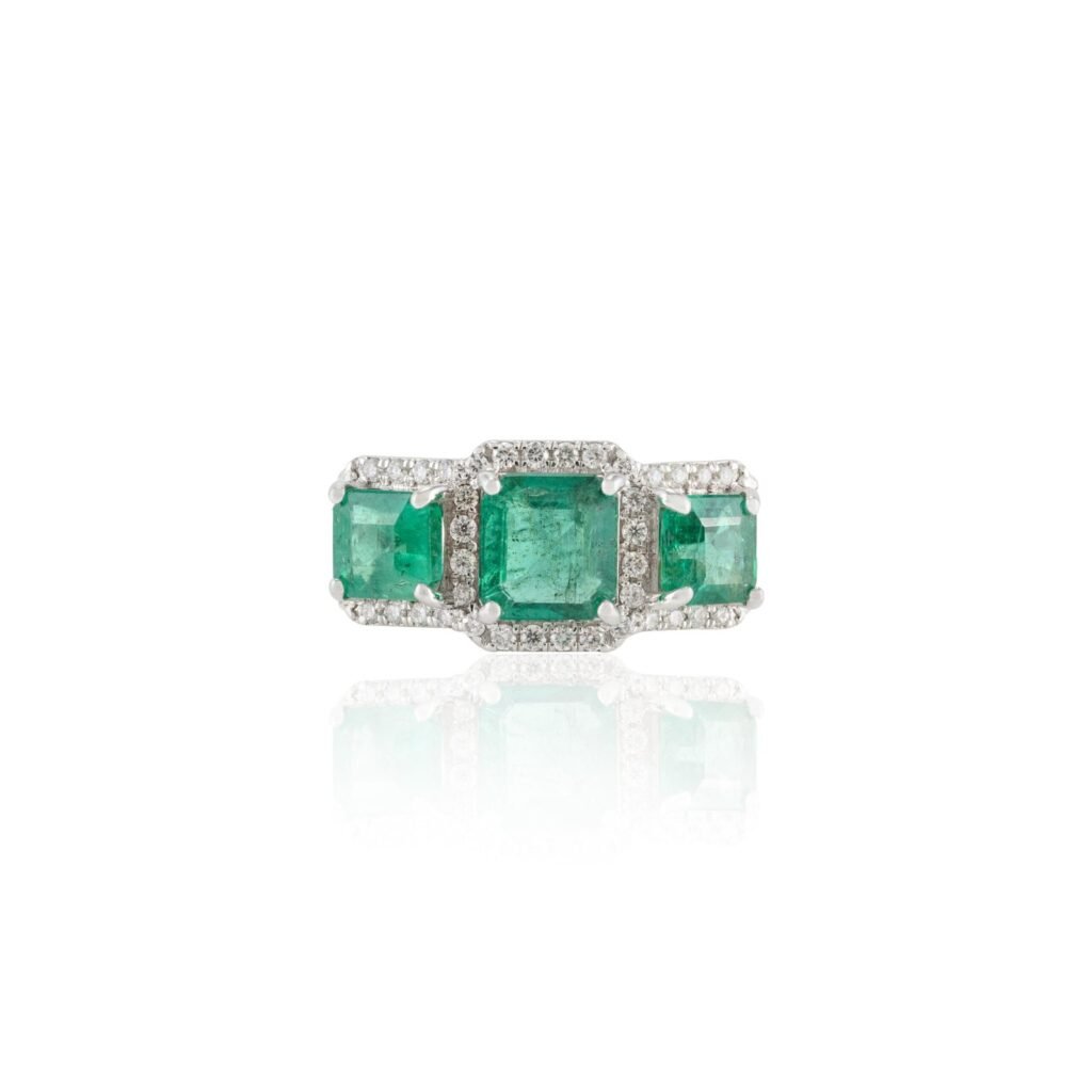 925 Sterling Silver Emerald Diamond Three Stone Ring