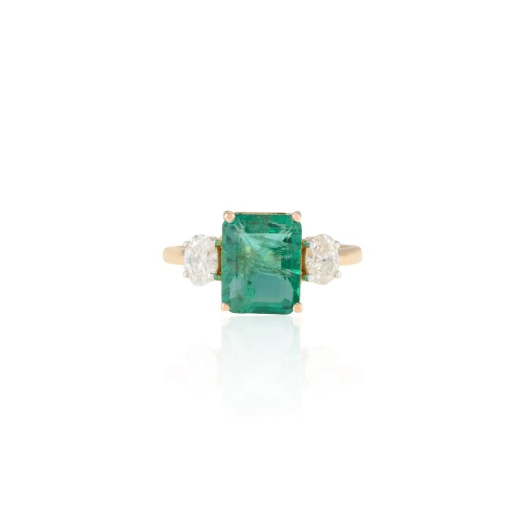 925 Sterling Silver Emerald & Diamond Three Stone Ring