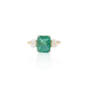 925 Sterling Silver Emerald & Diamond Three Stone Ring