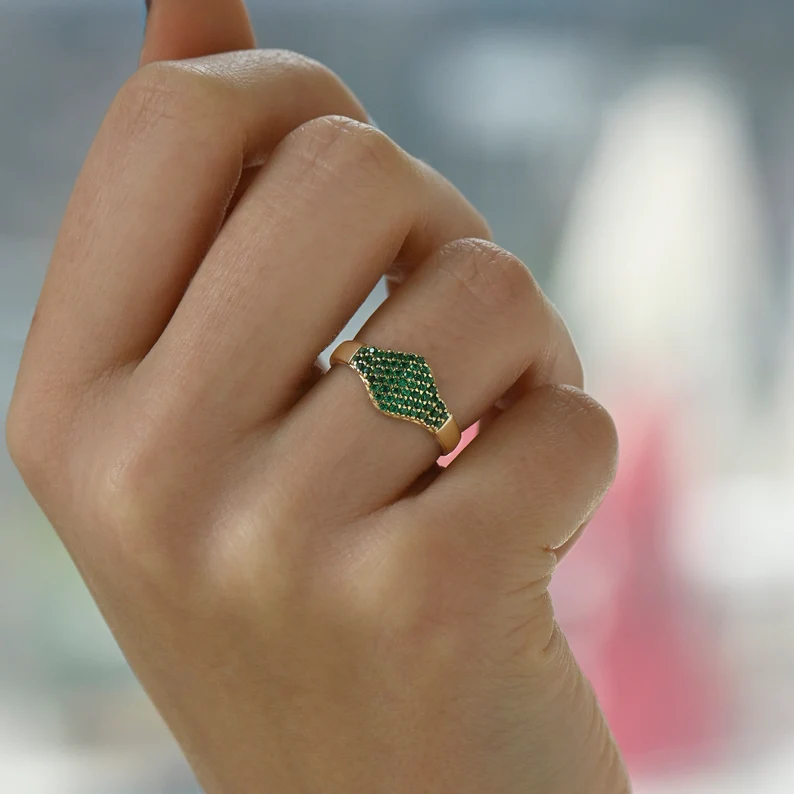 925 Sterling Silver Emerald Flat Pave Signet Ring
