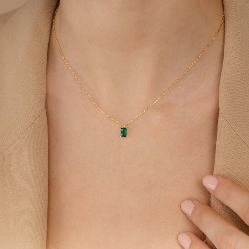 925 Sterling Silver Emerald Gemstone Minimalist 925 Sterling Silver Necklace