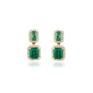 925 Sterling Silver Emerald Halo Diamond Dangle Earrings