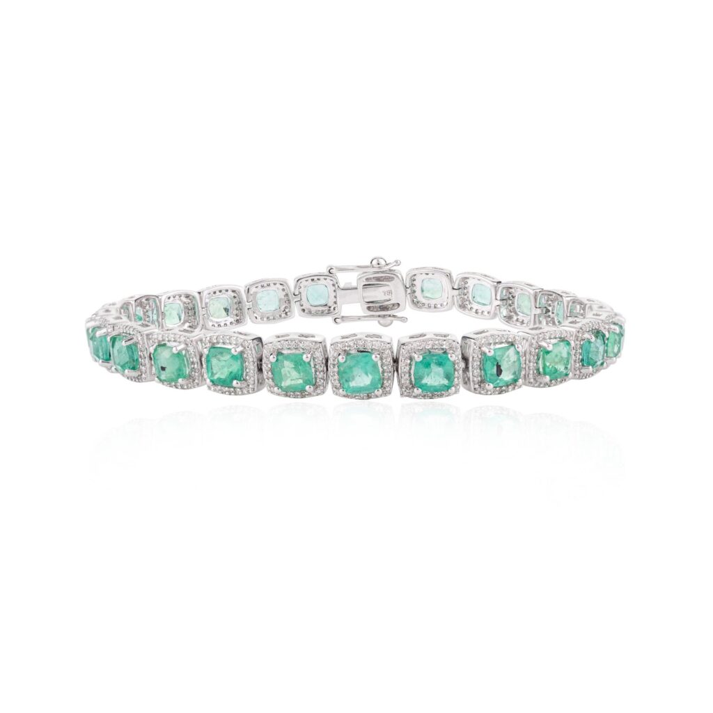 925 Sterling Silver Emerald Halo Diamond Tennis Bracelet