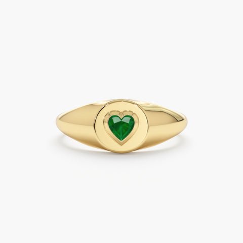 925 Sterling Silver Emerald Heart Signet Ring