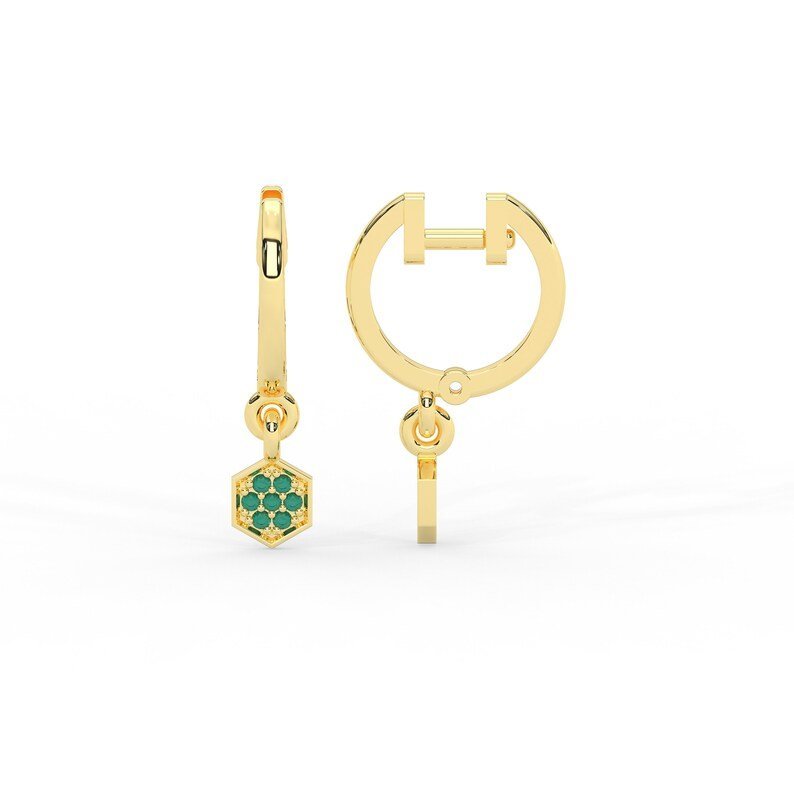 925 Sterling Silver Emerald Hoop Earring