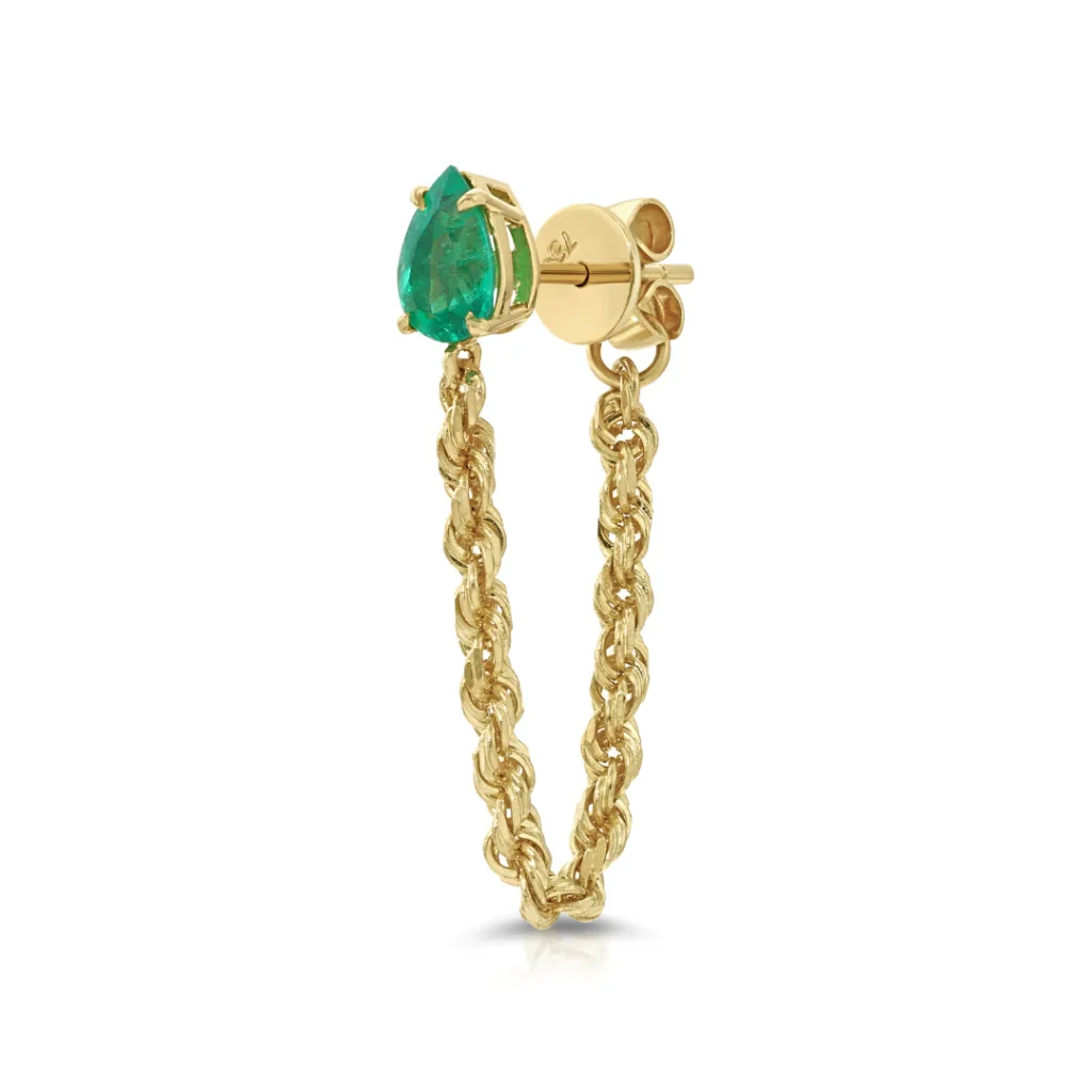 925 Sterling Silver Emerald Pear Rope Chain Loop Earring