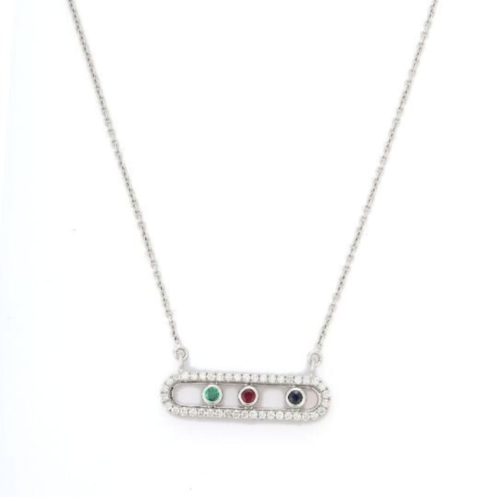 925 Sterling Silver Emerald Ruby Sapphire and Diamond Faceted Necklace