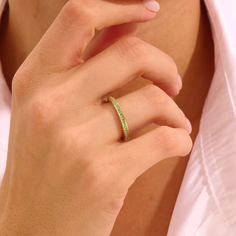 925 Sterling Silver Emerald Stone Pave Eternity Ring