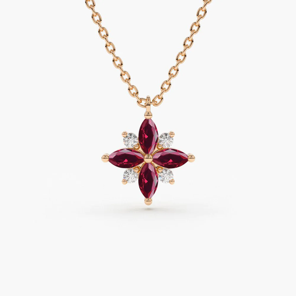 925 Sterling Silver Floral Design Marquise Ruby and Diamond Pendant