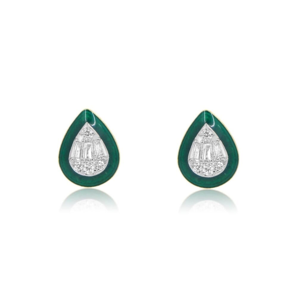 925 Sterling Silver Green Enamel Diamond Pear Stud Earrings