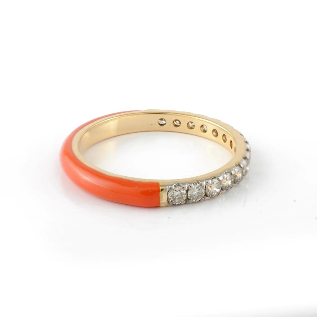 925 Sterling Silver Half Enamel Diamond Ring