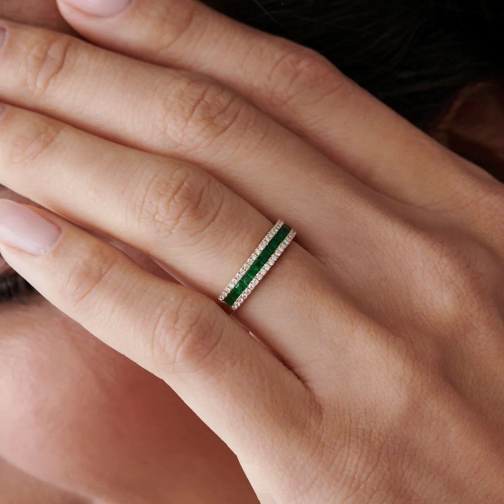 925 Sterling Silver Half Eternity Square Emerald Anniversary Ring