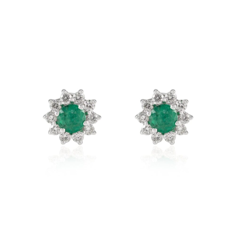 925 Sterling Silver Halo Diamond Emerald Stud Earrings
