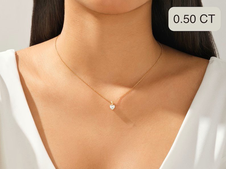 925 Sterling Silver Heart Diamond Pendant Heart Cut Solitaire Necklace 0.5 CT Diamond