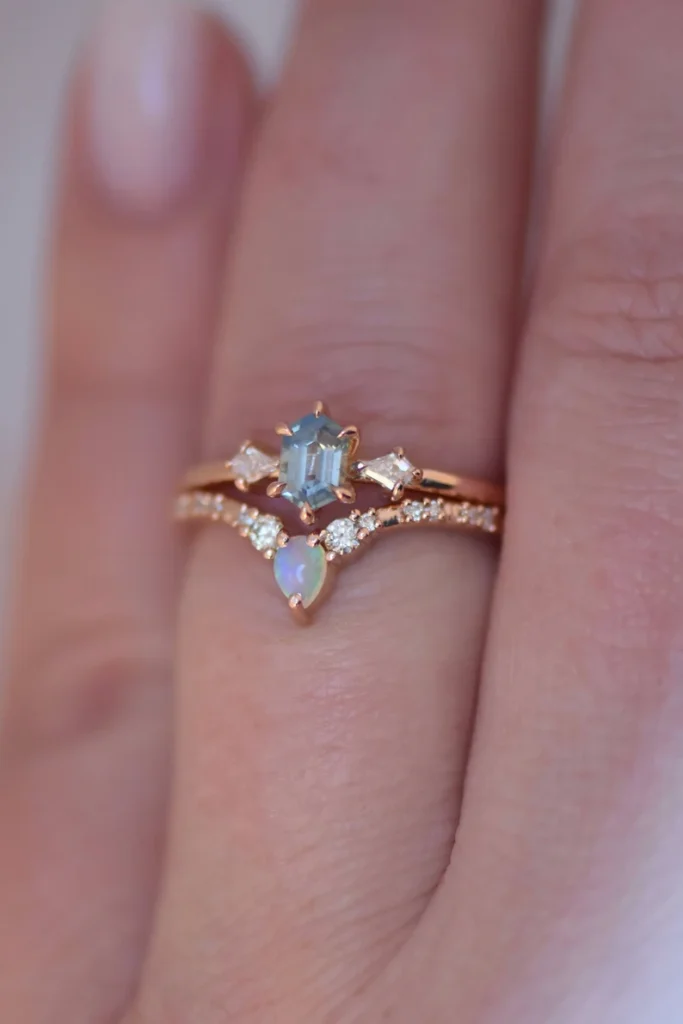925 Sterling Silver Hexagon Light Blue Sapphire and Diamond Engagement Ring