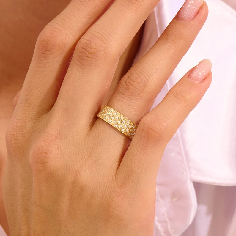925 Sterling Silver Honeycomb Wedding Band: Pave Diamond Eternity Ring, Wide Cigar Band