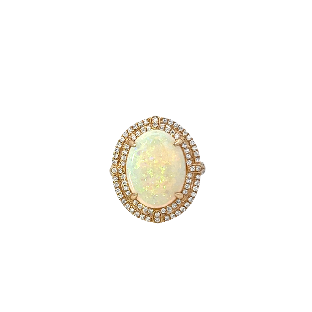 925 Sterling Silver Large Oval Opal Set With Double Halo Ring