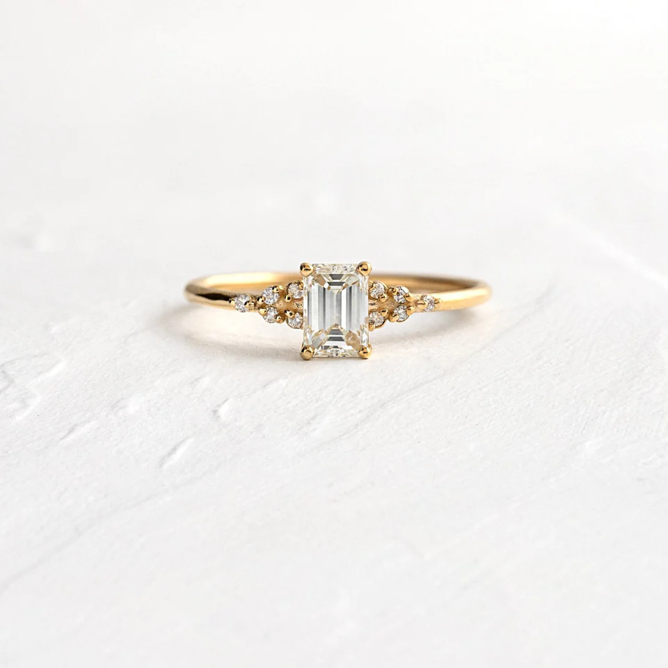 925 Sterling Silver Lighthouse Ring, 0.5ct. Emerald Cut Diamond Ring