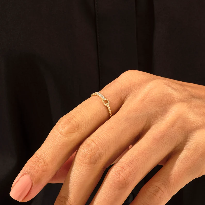 925 Sterling Silver Link Ring | Dainty Twist Rope Ring | Real Diamond Chain Ring