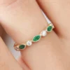925 Sterling Silver Marquise Emerald and Diamond Wedding Band - Image 8