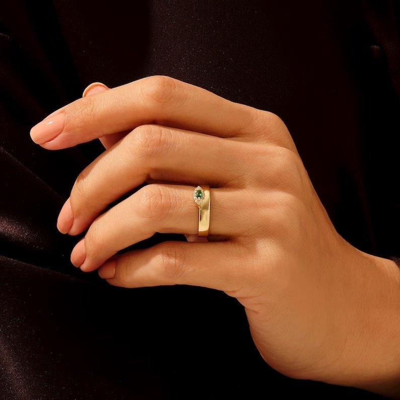 925 Sterling Silver Marquise Emerald Band Ring