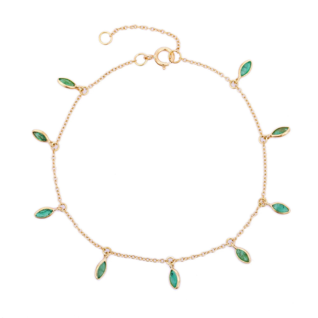 925 Sterling Silver Marquise Emerald Charm Bracelet