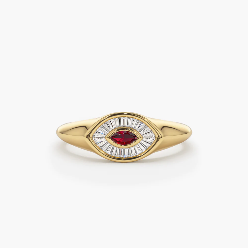 925 Sterling Silver Marquise Shaped Ruby and Baguette Diamond Ring