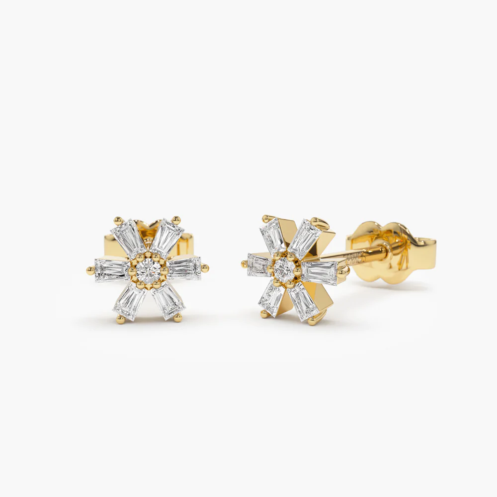 925 Sterling Silver Mini Flower Baguette Diamond Earrings