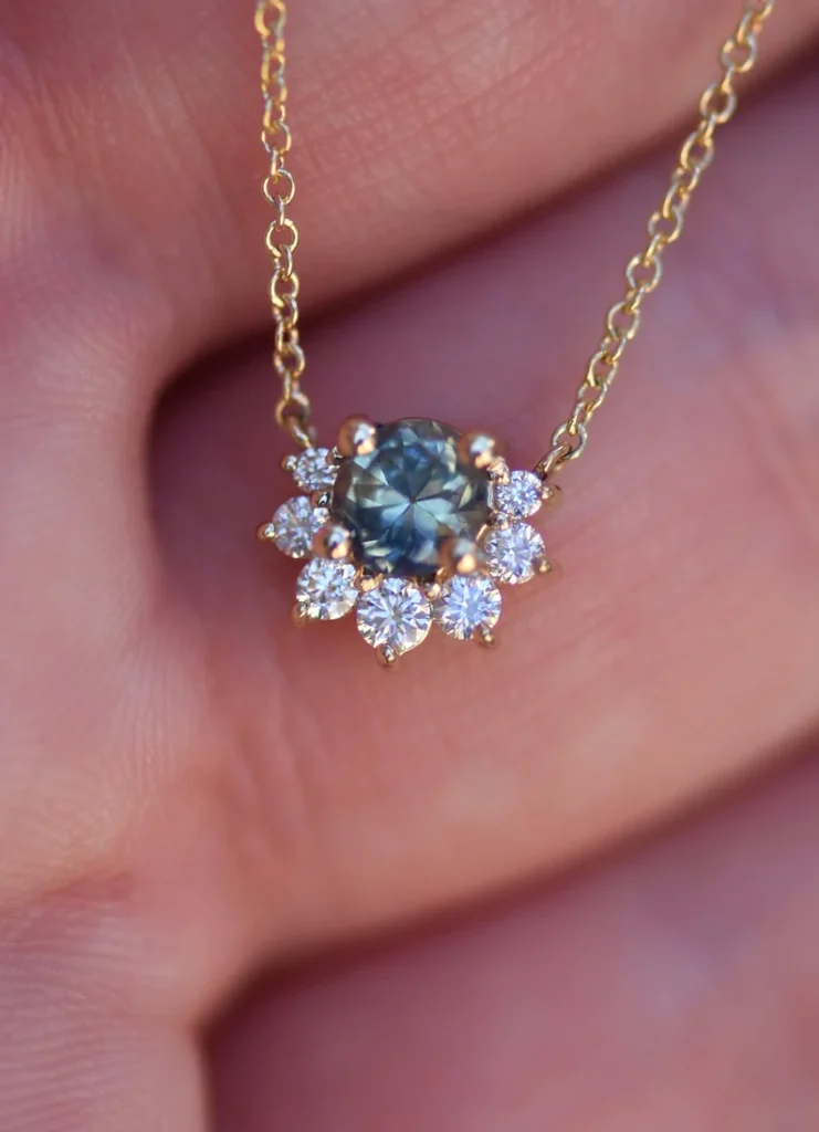 925 Sterling Silver Montana Sapphire and Diamond Floral Necklace