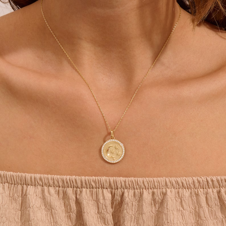 925 Sterling Silver Moon & Stars Circle Charm Necklace- Pave Diamond Coin Pendant