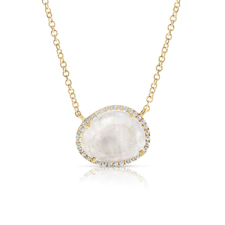 925 Sterling Silver Moonstone Pendant Necklace With Pave Diamond Surround