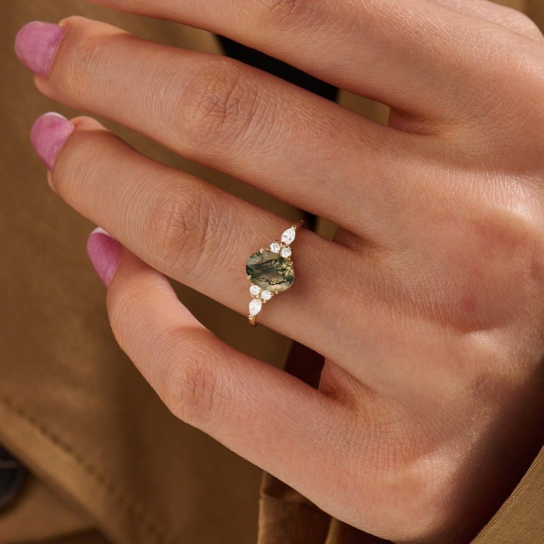 925 Sterling Silver Moss Agate Engagement Ring