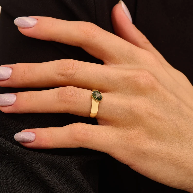 925 Sterling Silver Moss Agate Solitaire Ring