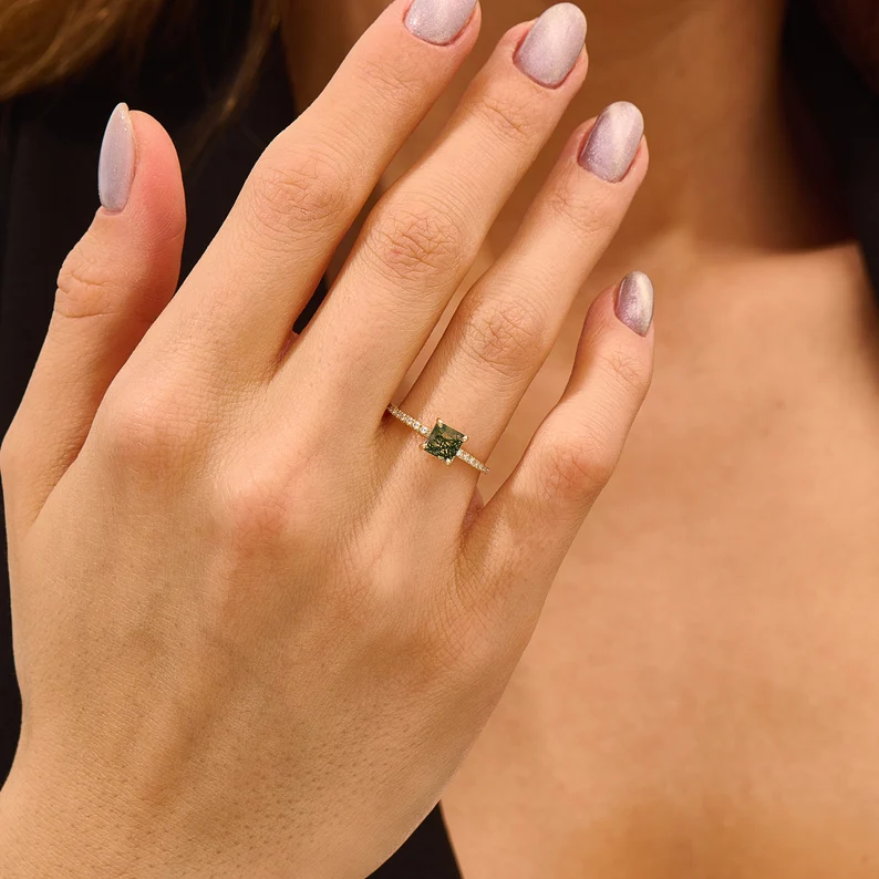 925 Sterling Silver Moss Agate Solitaire Ring