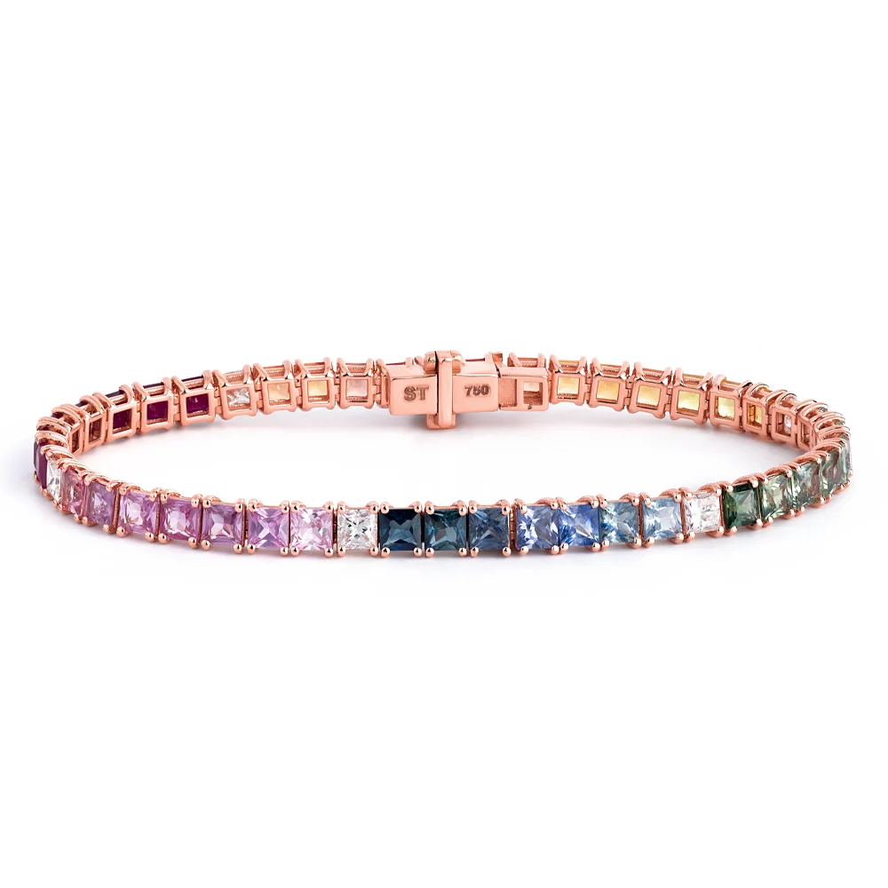 925 Sterling Silver Multi Color Princess Cut Sapphire Tennis Bracelet