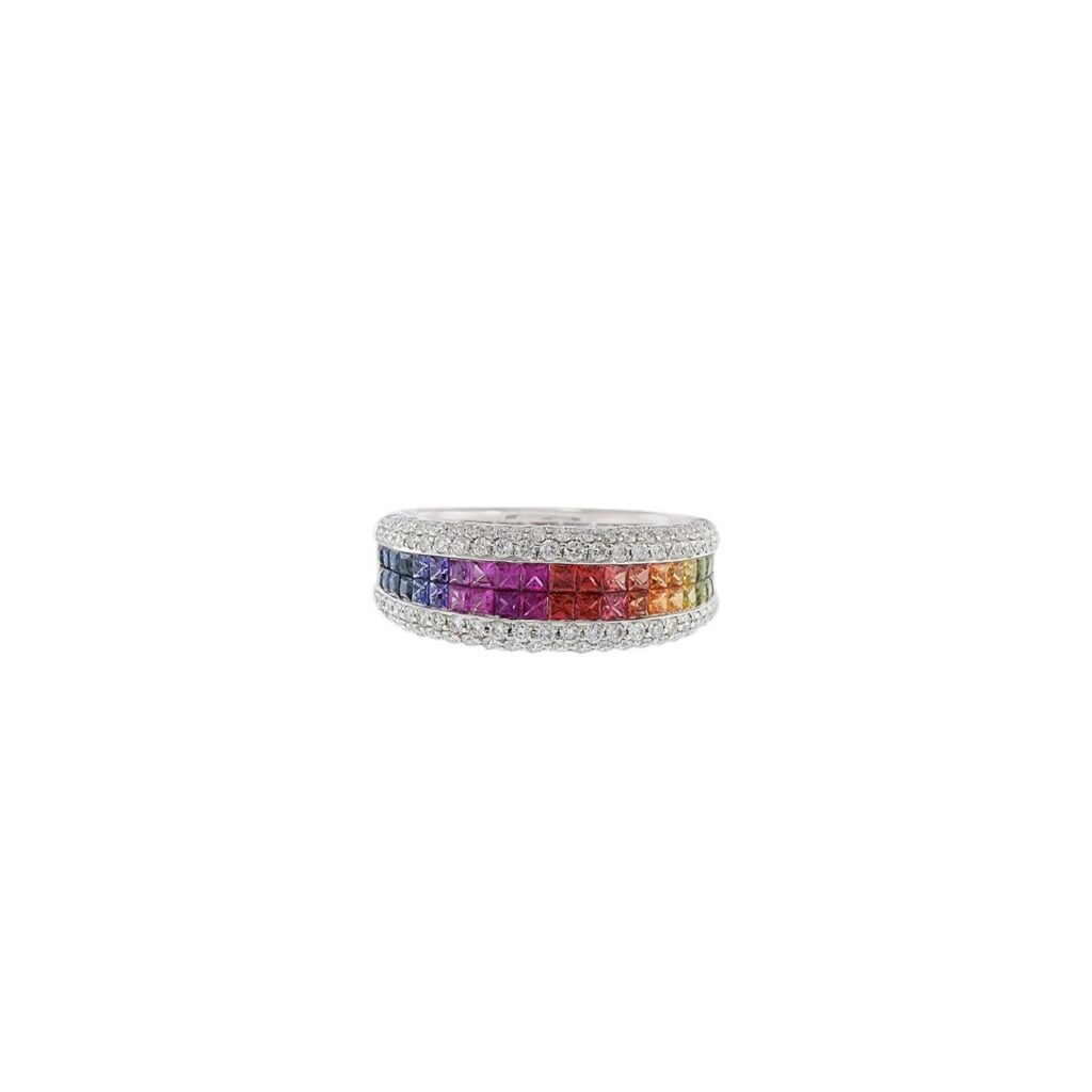925 Sterling Silver Multi Color Sapphire and Diamond Ring