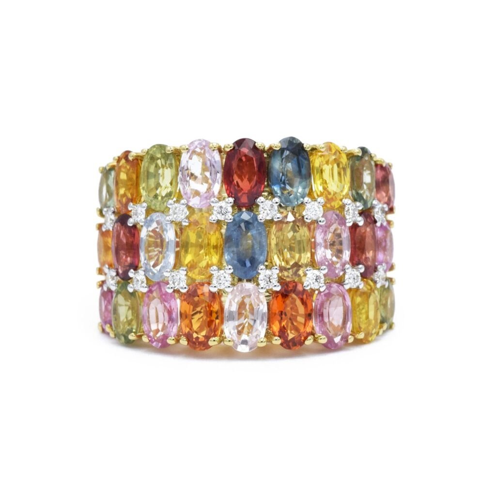 925 Sterling Silver Multi-Color Sapphire Triple-Row Ring