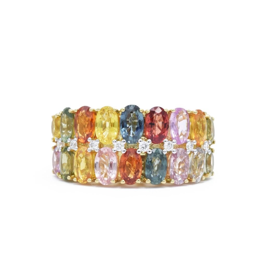 925 Sterling Silver Multi-Color Sapphire Two-Row Ring