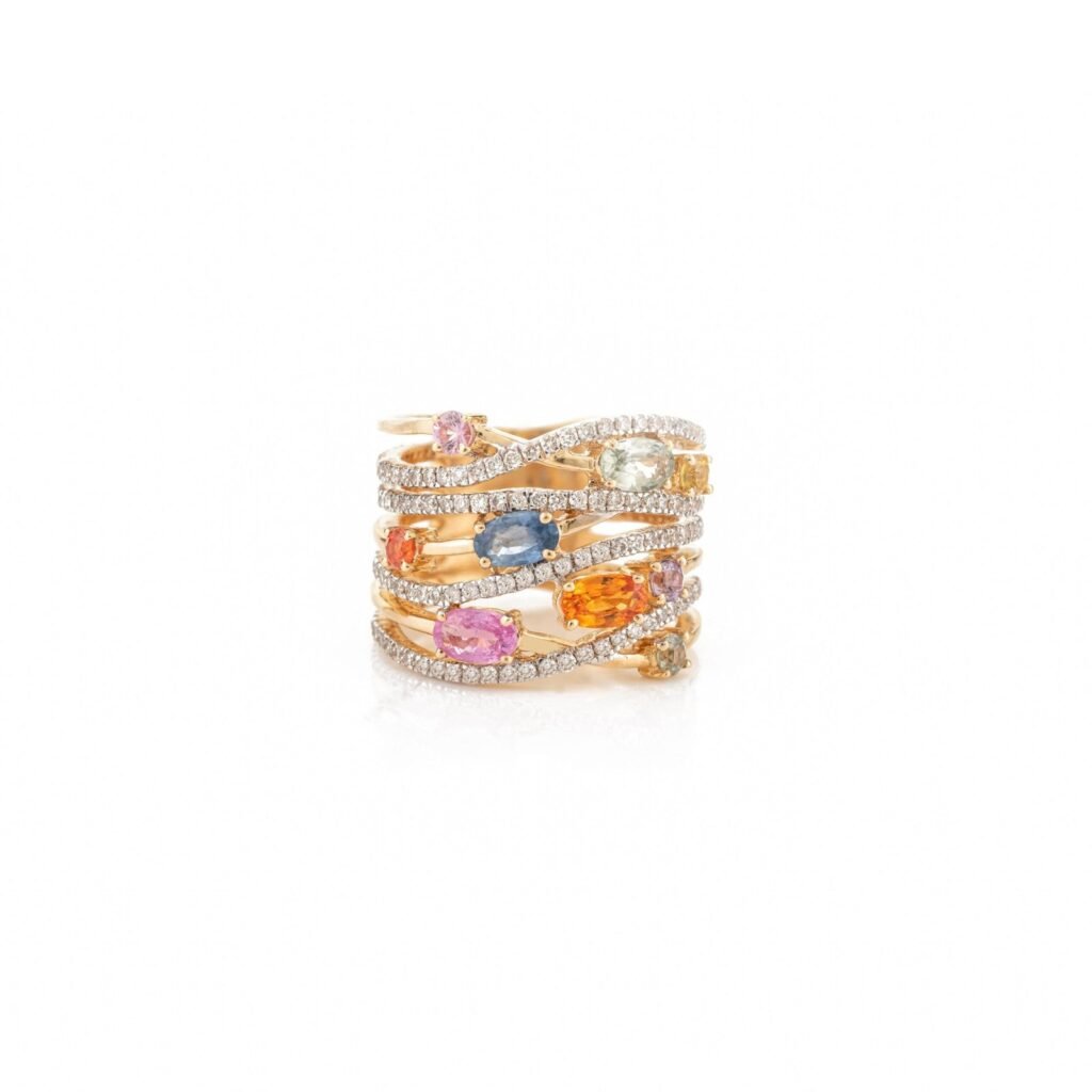 925 Sterling Silver Multi Sapphire Cluster Wide Band Ring