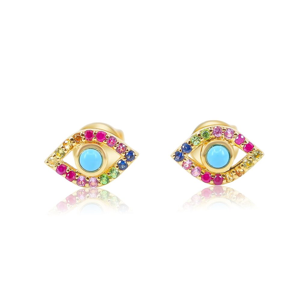 925 Sterling Silver Multi Sapphire Turquoise Evil Eye Stud Earring
