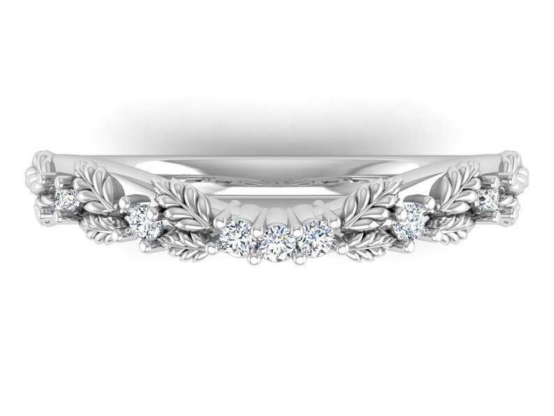 925 Sterling Silver Nature Inspired Leaf Wedding Band Diamonds and Montana Sapphire