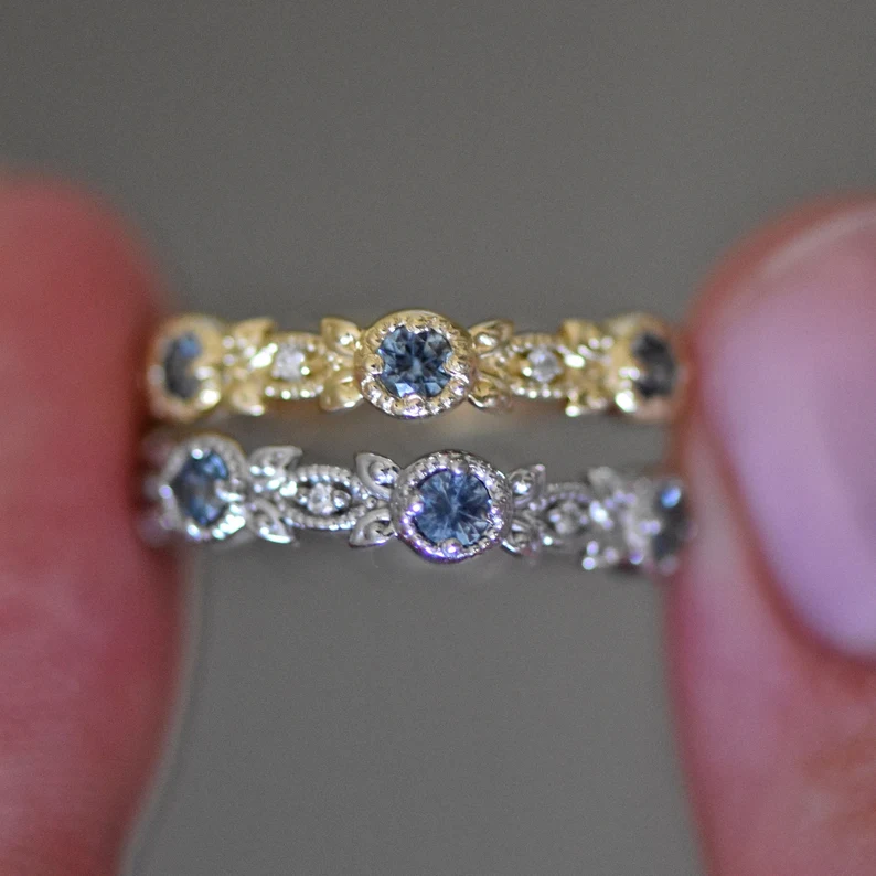 925 Sterling Silver Nature Inspired Leaf Wedding Band Teal Montana Sapphire