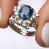 925 Sterling Silver Oval Blue Sapphire Engagement Ring Set