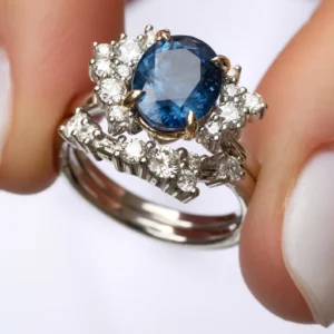 925 Sterling Silver Oval Blue Sapphire Engagement Ring Set