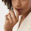 925 Sterling Silver Oval Blue Sapphire with Round Diamond Dome Ring - Image 4