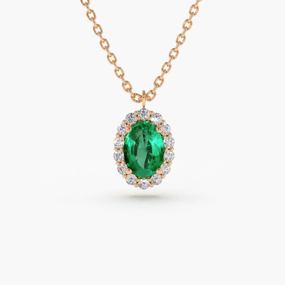 925 Sterling Silver Oval Cut Emerald Halo Diamond Necklace