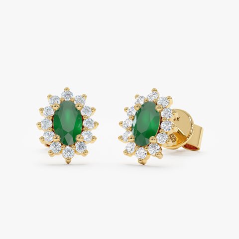 925 Sterling Silver Oval Emerald Halo Diamond Studs