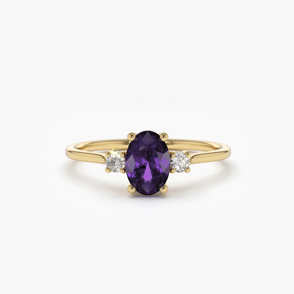 925 Sterling Silver Oval Shape Amethyst and Diamond Ring