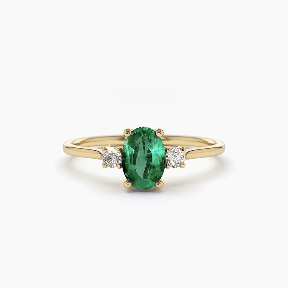 925 Sterling Silver Oval Shape Emerald and Diamond 3 Stone Ring