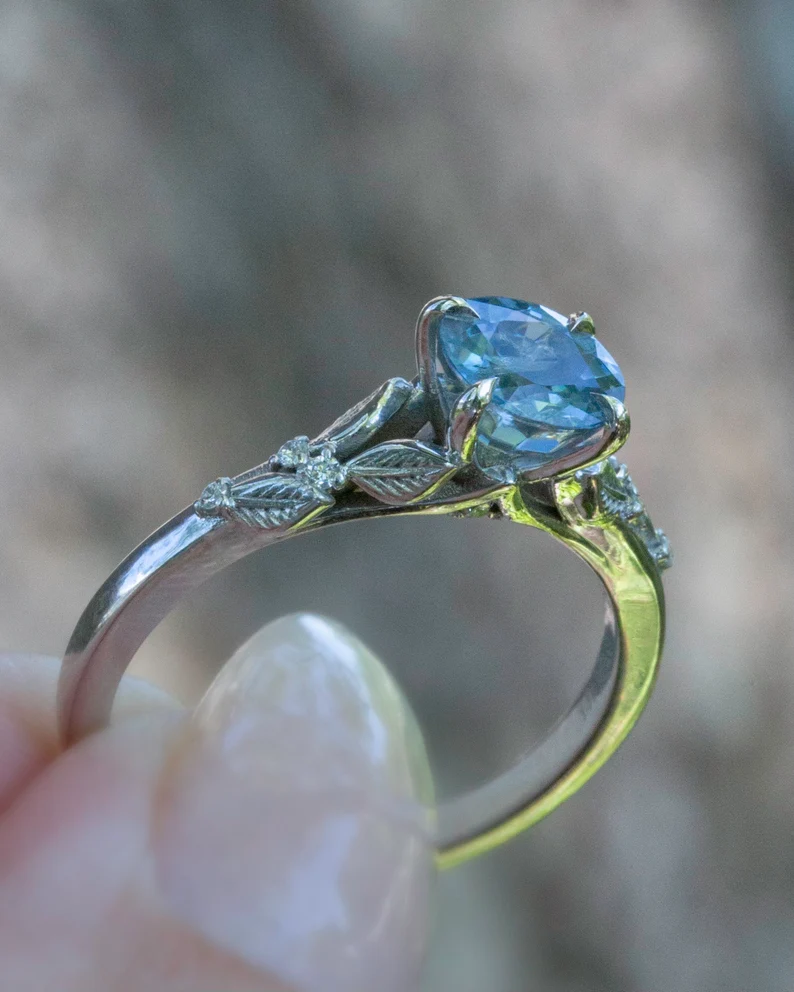925 Sterling Silver Pastel Blue Sapphire Ring Leaf Engagement Ring